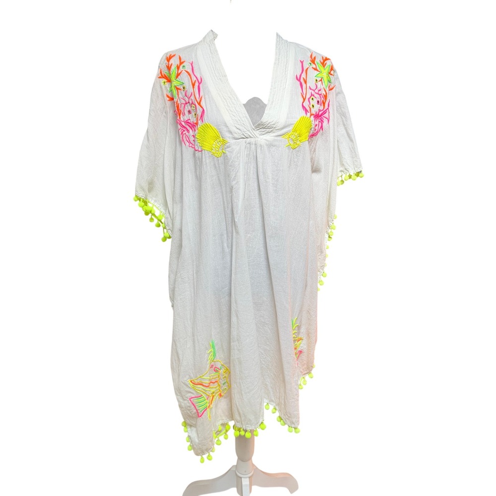 Antica Sartoria Giacomo Cinque White Cotton Neon Embroidered Kaftan OS